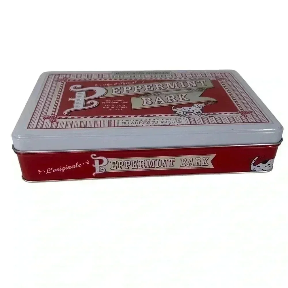 WILLIAMS SONOMA PEPPERMINT BARK DECORATIVE METAL TIN W/ LIF EMPTY CHRISTMAS